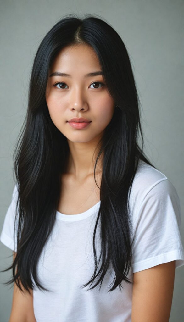 a breathtakingly (realistic portrait), capturing the essence of youthful beauty, featuring a (Asian teen girl) who exudes (serene elegance), with long, flowing (straight black hair), and a (flawlessly detailed angelic face), where her (soft, realistic hazelnut eyes), she is clad in a white T-shirt, with flawless anatomical proportions that draw the eye, against a (subtle, uncluttered backdrop of white). The overall atmosphere evokes a (cinematic sophistication) that exudes timeless appeal