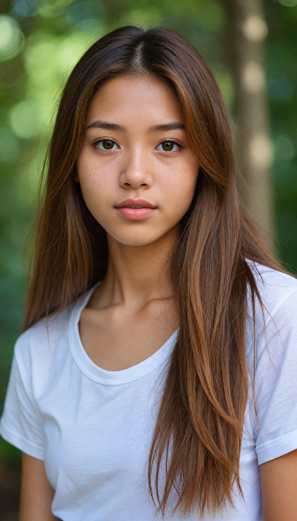 a stunningly elegant and cute Asian teenage girl with long, straight hazelnut hair, with a (realistically detailed angelic round face) and (realistically detailed hazelnut eyes) looking pensively at the camera, wearing a (super short, tight white t-shirt)