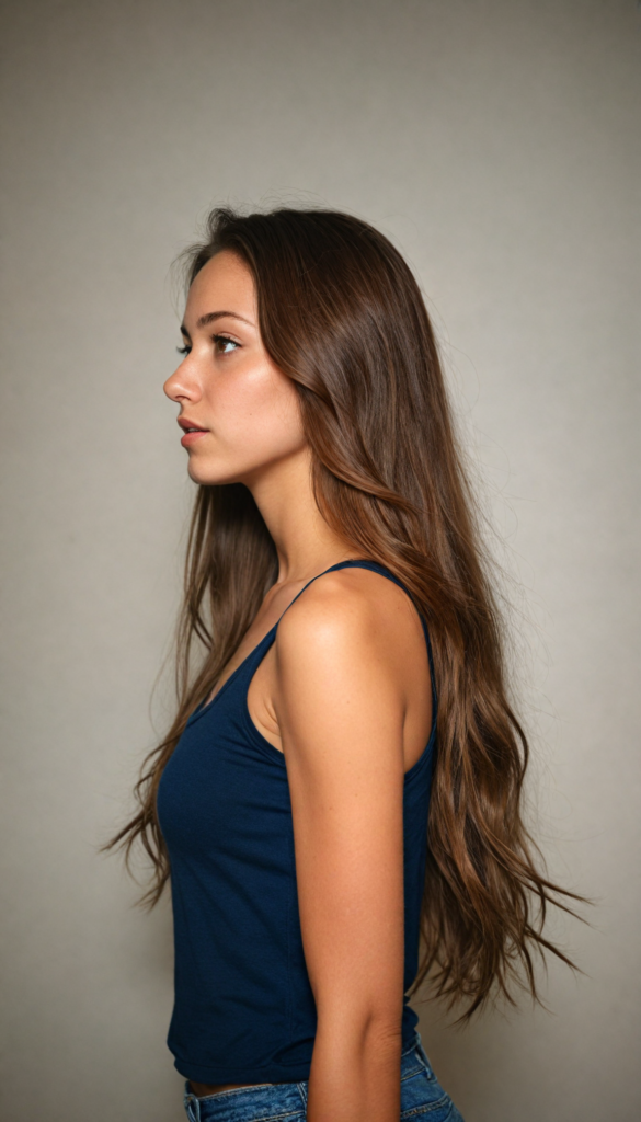 an attractive (teen girl) dressed in a sleek, (short-cropped tank top), with flowing, long tresses soft hair, cascading down her back, captured in a (vividly realistic photo). Her features are softly highlighted by the dimly lit room