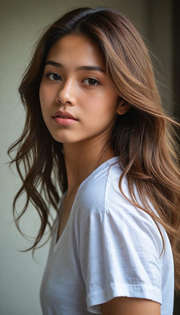 a breathtakingly (realistic portrait), capturing the essence of youthful beauty, featuring a (Burmese teen girl) who exudes (serene elegance), with long, flowing (straight hazelnut hair), and a (flawlessly detailed angelic face), where her (soft, realistic hazelnut eyes), gaze sadly towards the viewer from a (side perspective). She is clad in a (super short, sharply tailored (white T-shirt), cut from thin silk), with flawless anatomical proportions that draw the eye, against a (subtle, uncluttered backdrop of white). The overall atmosphere evokes a (cinematic sophistication) that exudes timeless appeal