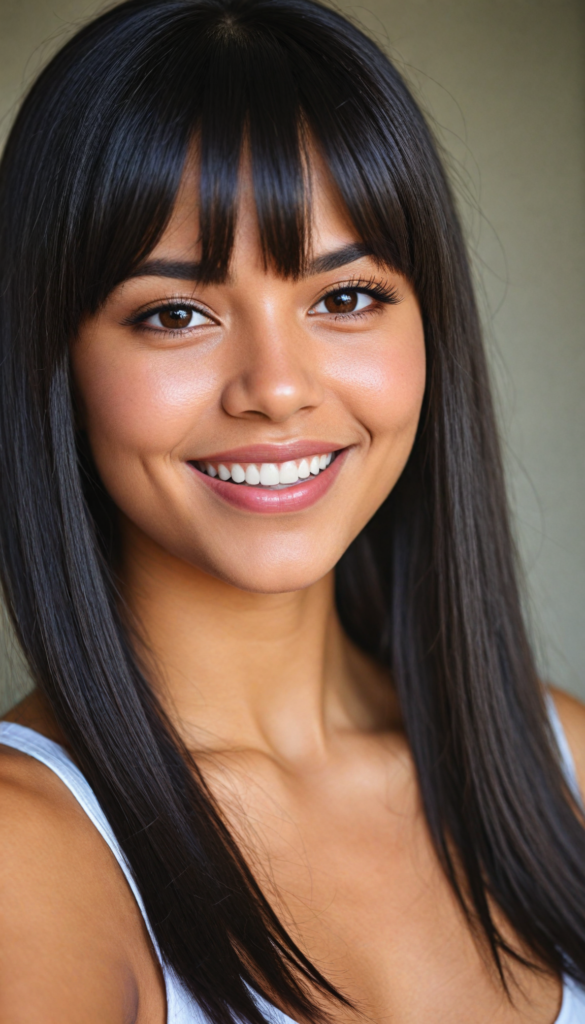 (close up portrait) of a (beautiful) (cute) (tanned) girl, (very long jet brown-black straight hair), (bangs), (plump lips), (seductive look), wide open front, (perfect curvy body), (tank top, deep v-neck), (cheerful smile), (face illuminated), (looking into the camera)