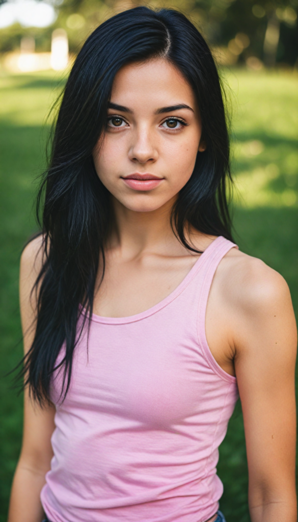 realistic and detailed portrait from a (cute teen emo girl with long, soft black straight hair framing her face in gentle waves) and amber eyes, full lips, (wears a no printed short form-fitting pink tank top), against a (sunny backdrop)