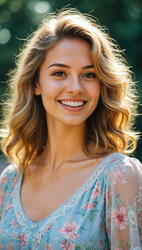 a vividly intricate portrait featuring the upper body of a radiant young girl with an enchanting, flawless figure, adorned in a stylish, low-cut crop top that flutters in a gentle breeze. Her beaming smile reveals pearly white teeth, framed by a detailed, round face that glows with youthful exuberance. Cascading down her shoulders, her long, straight summer blonde hair is kissed by golden sunlight, creating a halo effect. The background bursts with vibrant floral patterns, reminiscent of Van Gogh's brush strokes, infusing the scene with a dreamy, whimsical atmosphere. Soft pastel colors blend harmoniously, enhancing the overall radiant and cheerful essence of the portrait.