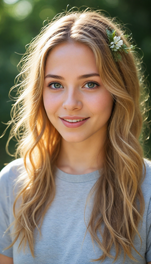 a charming and realistic portrait of a youthful girl with cascading, intricate golden hair that shimmers like sunlight, a warm and inviting smile that radiates joy, dressed in a soft, grey fine t-shirt that contrasts beautifully with her vibrant features. Her eyes sparkle with curiosity, framed by delicate eyelashes, embodying an aura of wonder and confidence. The background features a dreamlike, pastel-hued landscape accentuated by ethereal flowers, softly blending into a whimsical, ethereal atmosphere, reminiscent of a modern fairy tale—capturing the essence of beauty and vitality like a blend of photography and impressionist art.