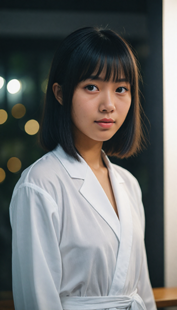 ortrait of a cute Asian girl, black straight hair, bangs cut, white night suit