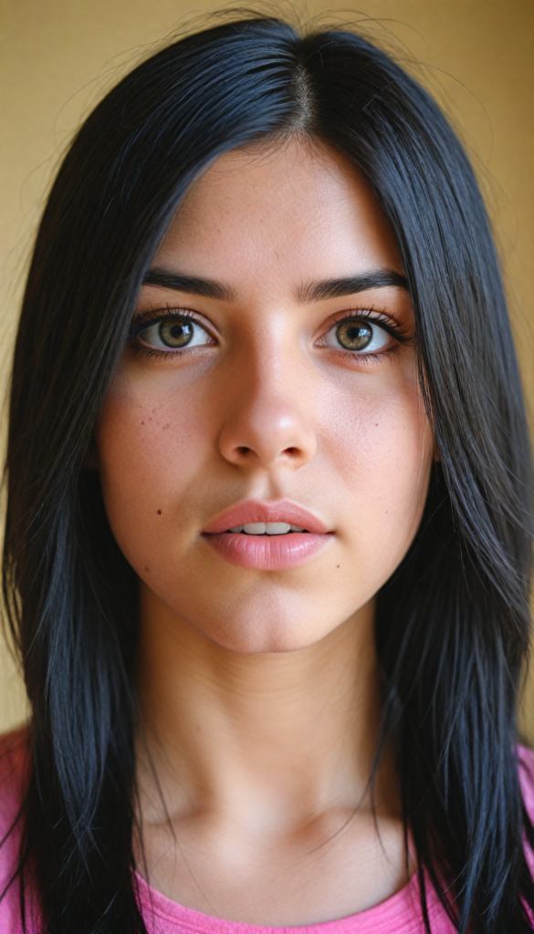 realistic and detailed portrait from a (cute teen emo girl with long, soft black straight hair framing her face in gentle waves) and amber eyes, full lips, (wears a no printed short form-fitting pink tank top), against a (sunny backdrop)