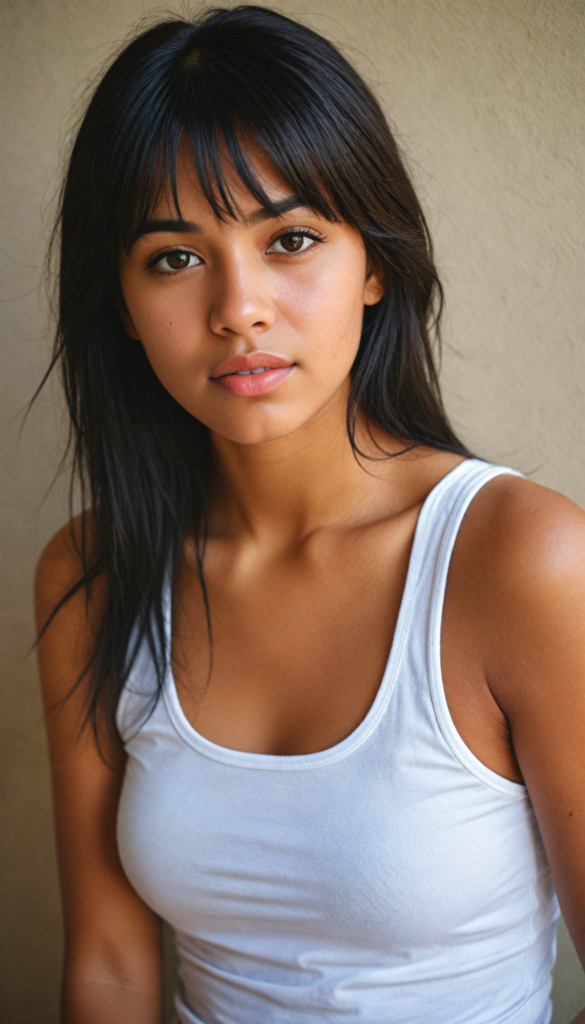 a beautifully upper-body portrait (brown-skinned young well busty teen girl) with softly (straight black hair) framing her face in side bangs, full lips, she wears a white tank top, perfect curved body, in a dessert