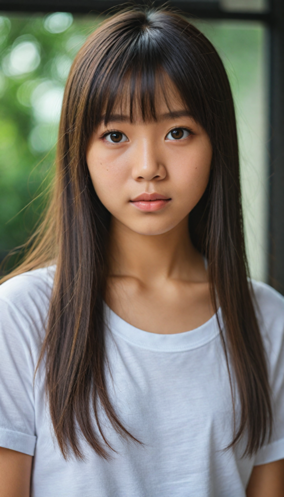 (portrait), detailed, (an Asian young cute girl), long straight soft detailed hair, realistic detailed amber eyes, bangs cut, white t-shirt