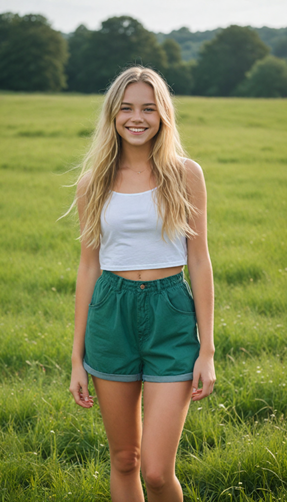 a beautiful, sweet teen girl stands on a green meadow, smile very happy, long messy flowing summer blonde hair, (short spandex crop top), sunny background