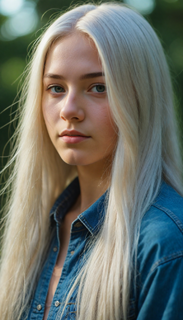 detailed and realistic photo from a young teenage girl, straight long jet soft white hair, natural backdrop