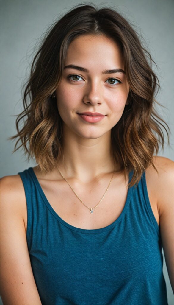 visualize a (tomboy teen girl) with long, (realistically detailed hair), posed in a (cinematic light setup) for a portrait shot, her face radiant with joy, featuring a (flawlessly detailed round face), a (short form-fitting cropped plain tank top), which beautifully showcases her perfect physique, with (realistic details), such as a (curvy yet toned silhouette), all against an (empty, high-key backdrop)