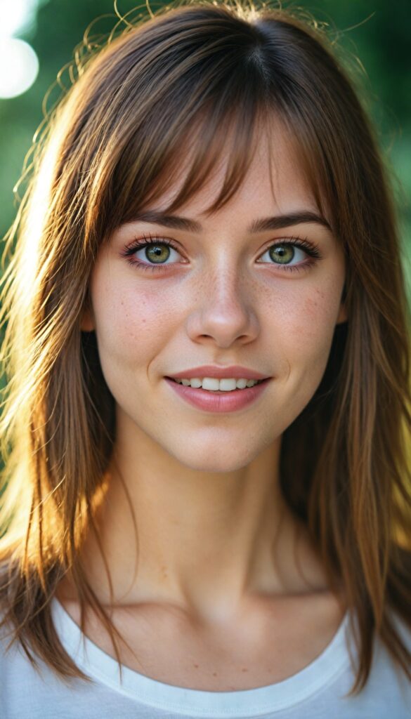 a detailed and realistic photo from a (cute) young girl (long, messy straight auburn hair, bangs), (stunning), (gorgeous), beautifully realistic, cinematic lights, realistic detailed angelic round face, (realistic detailed amber eye) looks happy at the camera, perfect curved body, (wears a super short tight (white t-shirt)), perfect anatomy, side perspective, against a sunny green backdrop