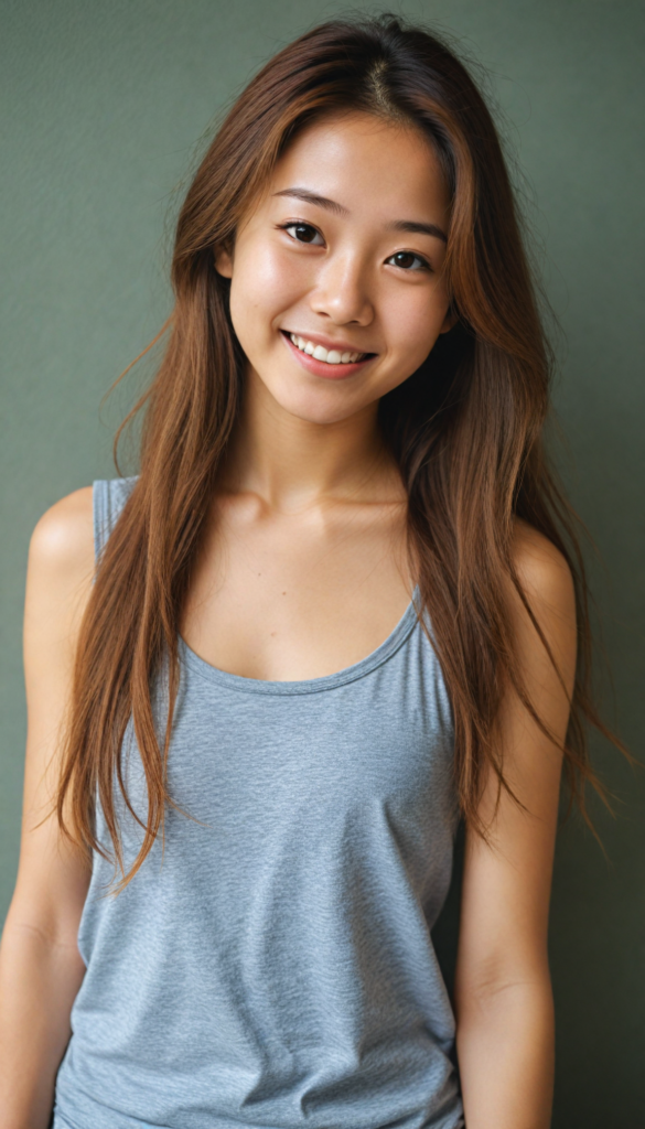 a very nice young Japanese girl, portrait shot, her long hazelnut hair falls over her shoulders, warm smile, she wears a grey tank top, perfect curved body