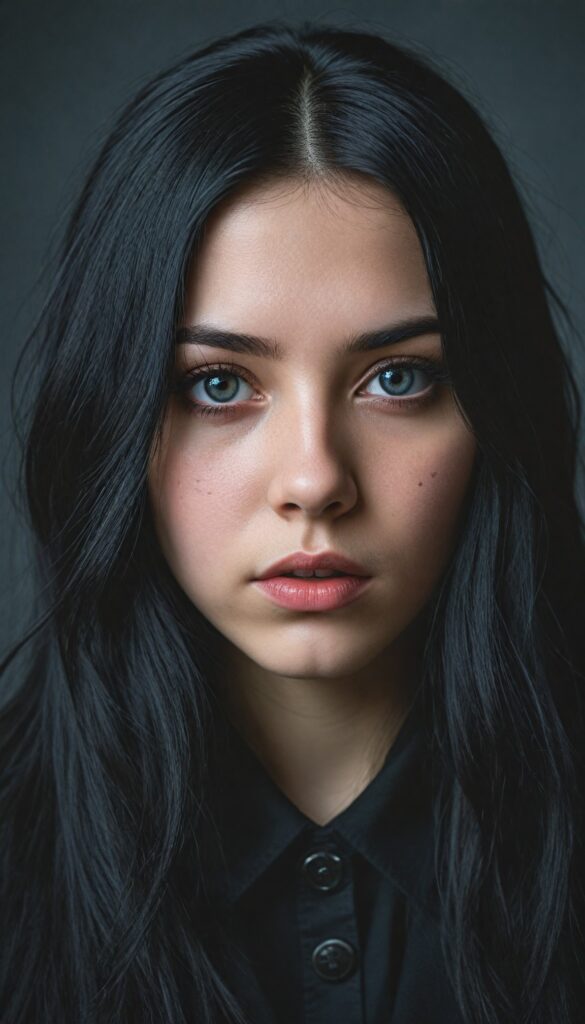 a (breathtakingly realistic full body portrait), (dark fantasy concept) featuring a beautifully drawn close-up of a young gothic teen girl with exquisite facial features and striking black eyes, long straight fine black hair, dressed in a (black coat), (grey background)