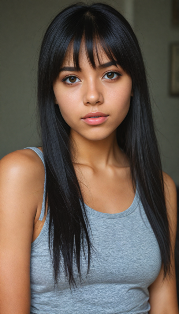 super realistic, 4k, detailed face, cute Exotic teen girl, long black straight jet soft hair, bangs cut, wear a grey crop tank top, looks at the camera, portrait shot, super realistic amber eyes