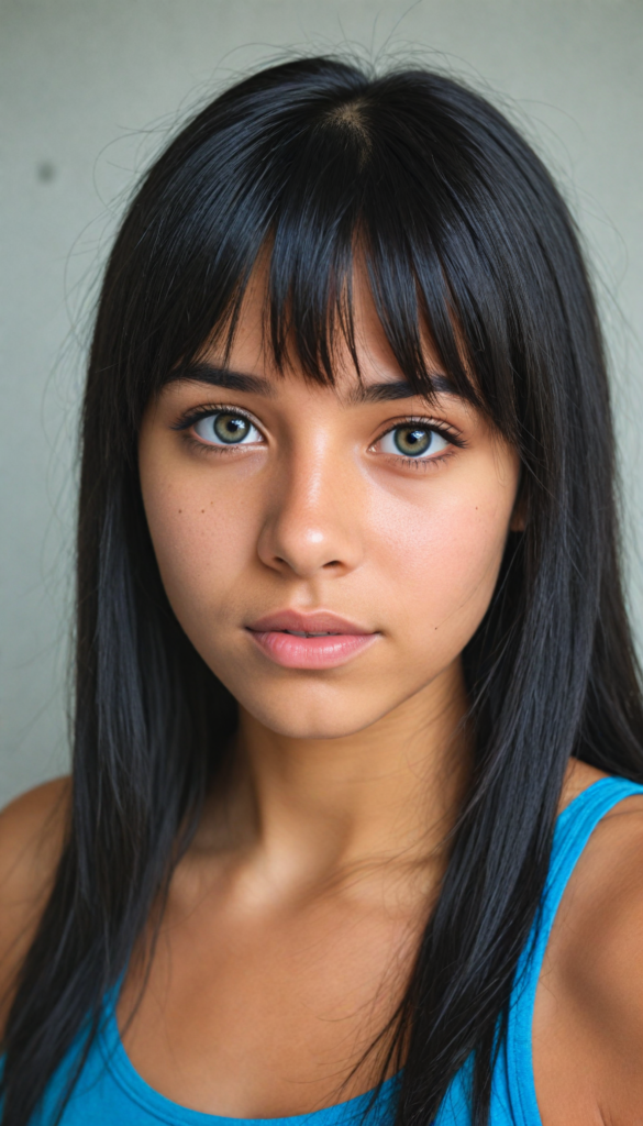 super realistic, 4k, detailed face, cute young Latino teen girl, long obsidian black straight soft hair, bangs cut, wear a blue crop tank top, looks at the camera, portrait shot, super realistic amber eyes