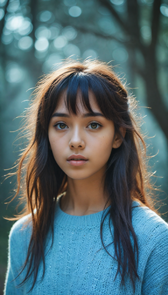 a whimsically illustrated (brown-skinned teen emo girl) with cascading, gently waving (straight hair) framed by playful side bangs, illuminated by a mesmerizing iridescent light blue complexion that subtly glimmers, her eyes reflecting a profound sense of melancholy and emotional detachment, surrounded by ethereal wisps of fog that dance in the softly fogy (backdrop), reminiscent of a surreal dreamscape, hinting at an otherworldly atmosphere inspired by the art styles of Tim Burton and Yoshitaka Amano, she wears a light blue sweater made of super fine wool