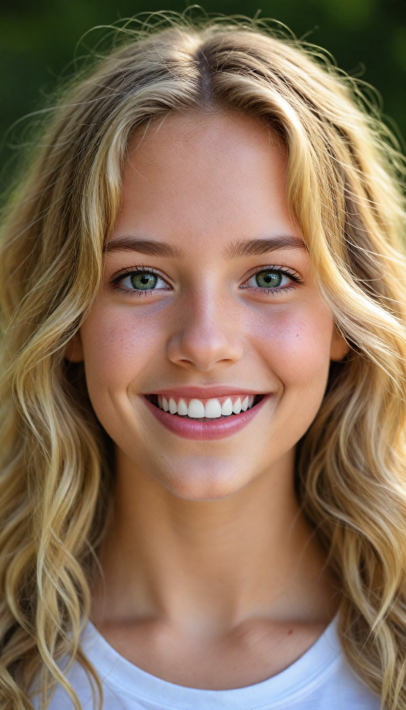 a detailed and realistic portrait from a young girl, long summer blond wavy hair, realistic and detailed dark eyes, full lips, white t-shirt, smile, white teeth, against a sunny green backdrop