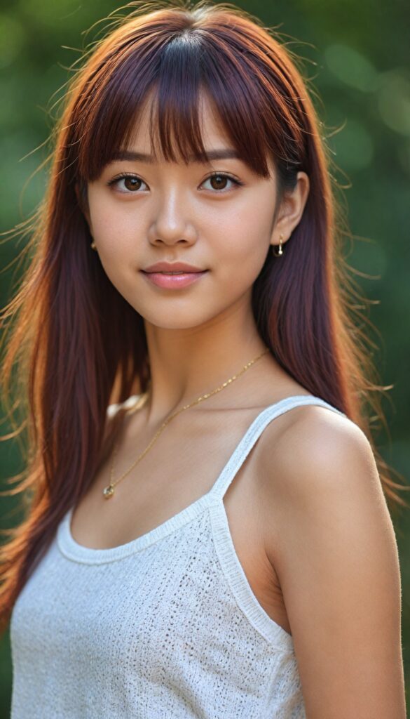 cute Filipino teen girl, detailed hair, Korea styled bangs, white short cropped tank top made of soft wool, perfect curved body, ultra realistic face, realistic amber eyes, detailed maroon straight hair, a stunning photo with beautiful saturation, ultra high resolution, deep shadow, (best quality, masterpiece), highly detailed, depth of field, film grain, looking at viewer, warm smile, (upper body), masterpiece, ultra realistic, extremely detailed CG unity 8k wallpaper, best quality, no necklace and chain