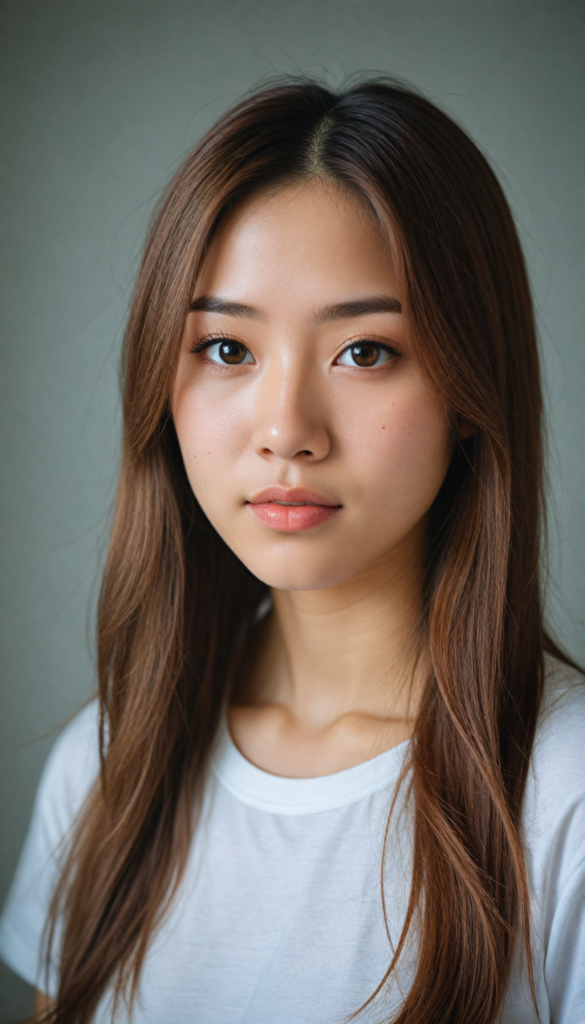 a (stunningly elegant and cute long, straight hazelnut hair) Japanese (teen girl) with a (realistically detailed angelic round face) and (realistically detailed hazelnut eyes) looking pensively at the camera in a (perfectly drawn portrait shot) against a (flawlessly detailed, realistic skin color) backdrop, wearing a (super short, tight white t-shirt made on thin silk), her flawless form elegantly framed by a side perspective, without any (background details)