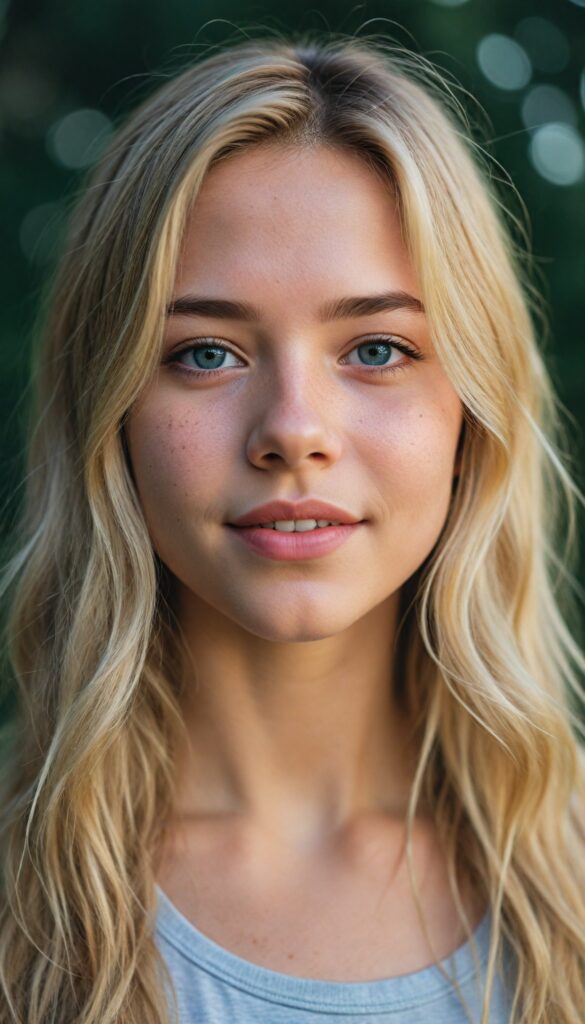 visualize a (tomboy petite teen girl) with long, (realistically detailed summer blond hair), posed in a (cinematic light setup) for a portrait shot, her face radiant with joy, featuring a (flawlessly detailed round face), a (short form-fitting cropped plain tank top), which beautifully showcases her perfect physique, with (realistic details), such as a (curvy yet toned silhouette), beach in backdrop