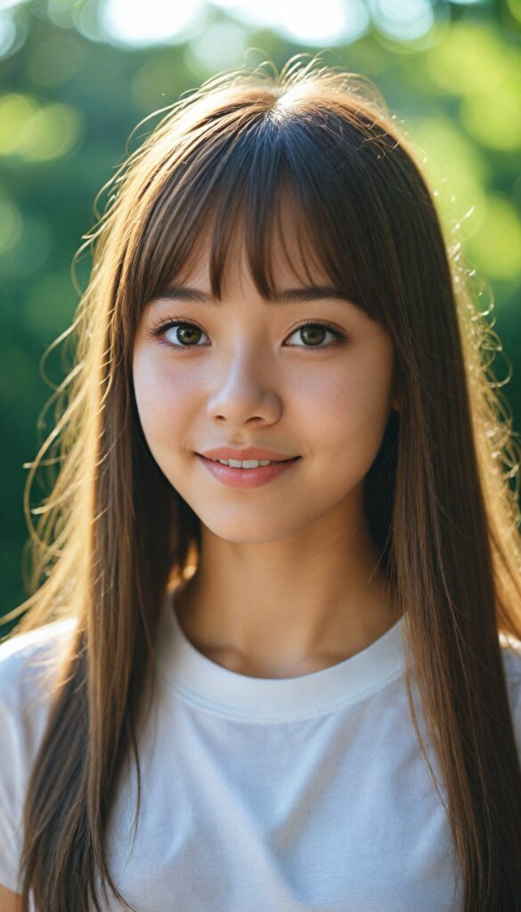 a detailed and realistic photo from a (cute) Asia teen girl (long, straight light brown hair, bangs), (stunning), beautifully realistic, cinematic lights, realistic detailed angelic round face, (realistic detailed amber eye) looks happy at the camera, perfect curved body, (wears a super short tight (white t-shirt)), perfect anatomy, side perspective, against a sunny green backdrop