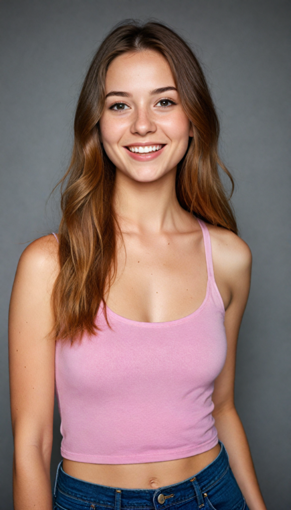 a upper body portrait from a (teen girl) with a joyful and sunny smile, wearing a sleek and fitted short crop pink tank top that showcases her perfect, curves, captured in a (flawless portrait), with long, flowing, straight hazelnut hair cascading down