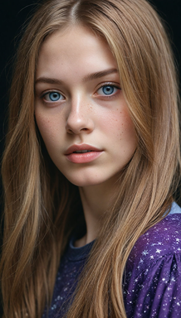 (portrait), intricately detailed pencil drawing, silvery-skinned (young teen girl) with cascading long straight molten copper hair that glimmers like liquid metal, piercing violet eyes reflecting a cosmic universe, set against a velvety black background that appears to shimmer with starlight, reminiscent of a blend between classical realism and modern fantasy illustration