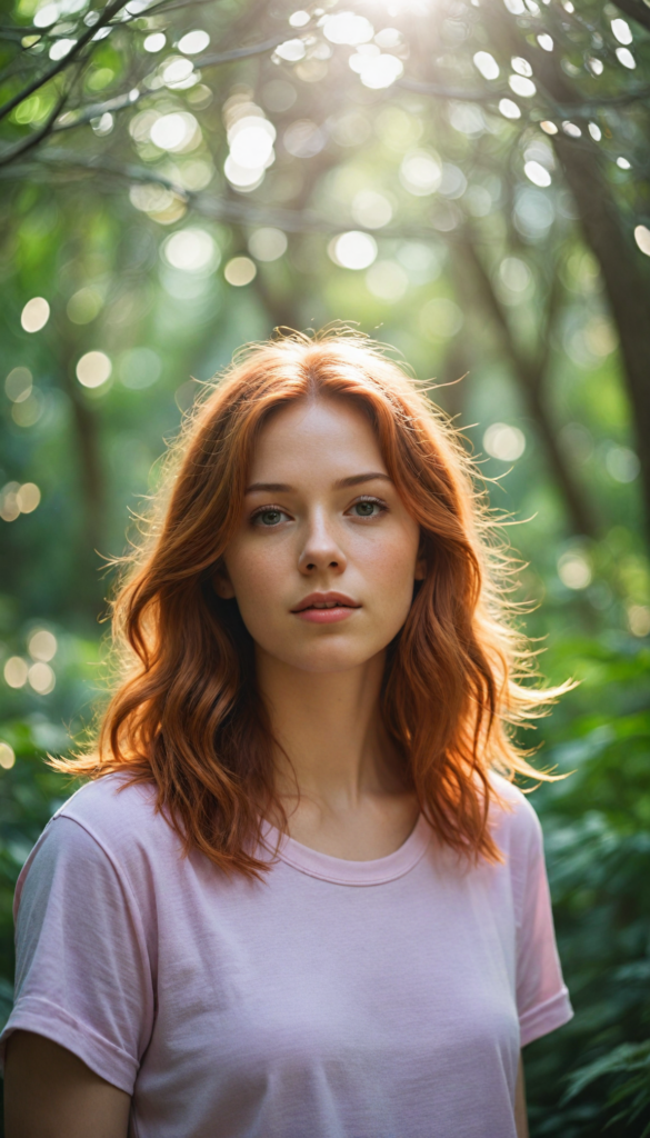 (upper body portrait) a whimsical scene featuring an innocent red-haired teen girl with straight, flowing hair, wearing a soft, ethereal light pink t-shirt that gently billows in the breeze. She stands in a sun-dappled forest glade, surrounded by softly glowing fairy lights, her bright eyes sparkling with curiosity and wonder, as beams of sunlight filter through the lush green canopy overhead, creating a magical, dreamlike atmosphere.