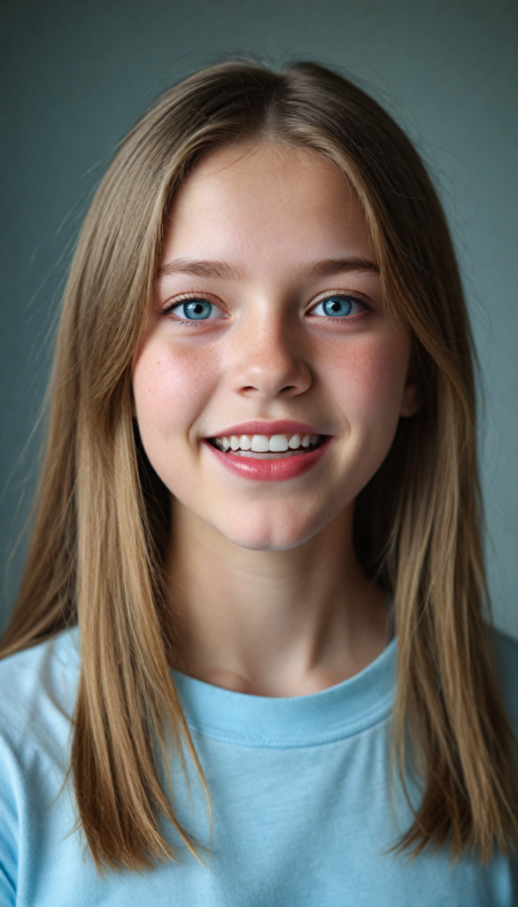 a (detailed portrait) from a silvery-skinned (young innocent girl), long soft straight light brown hair, white t-shirt, light blue eyes, (full red lips), mouth slightly open, white teeth