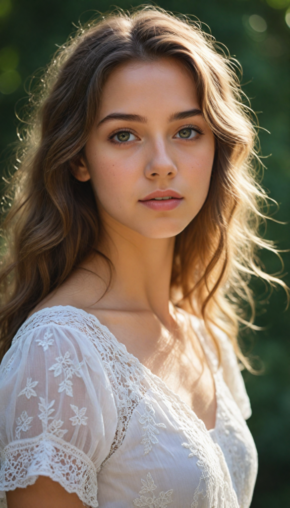 a hyper-realistic portrait of a captivating young girl with flowing waves of silky hair cascading down her shoulders. She gazes sweetly into the camera, exuding charm and innocence. Her outfit features a delicate white crop top adorned with intricate lace details, hinting at a dreamy summer vibe. The background is softly blurred with hints of pastel floral patterns, creating an ethereal atmosphere, reminiscent of a whimsical fairy tale. Sunlight gently illuminates her face, highlighting her sparkling eyes and soft features, while a sprinkle of magical dust floats in the air, enhancing the enchanting scene.