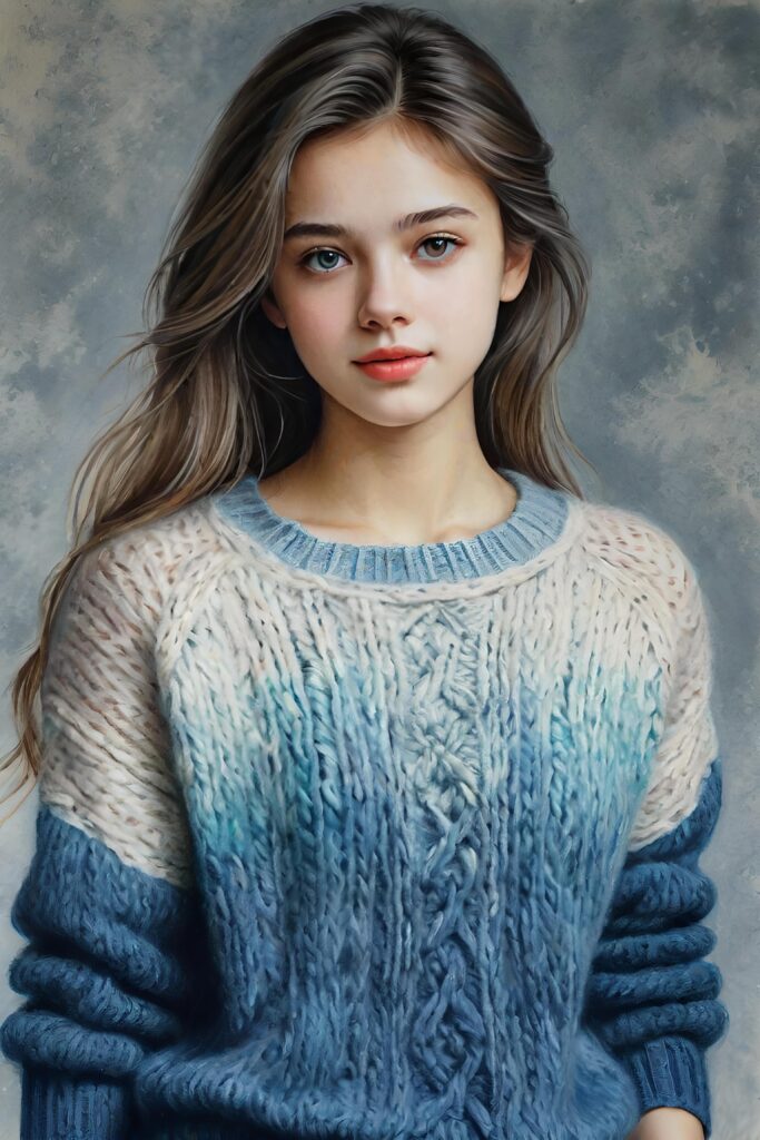 super realistic, detailed, ((gorgeous)) ((stunning)) cute young breasted girl, full portrait, 18 years old, wathercolor drawing, thin wool sweater