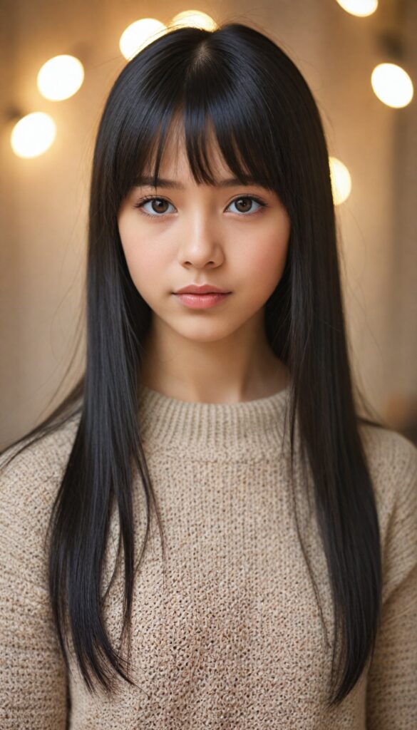 create a portrait of a cute, beautiful, sweet, kind, adorable, breathtaking, delicate, pretty, graceful, elegant, very young girl with long, straight, silky black hair, bangs, light brown eyes, full lips, wearing a warm sweater. (The background is slightly blurred)