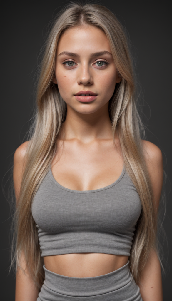 a stunning and gorgeous detailed, realistic portrait from a beautiful young happy tanned girl, long straight soft blonde hair, (grey crop top), black backdrop