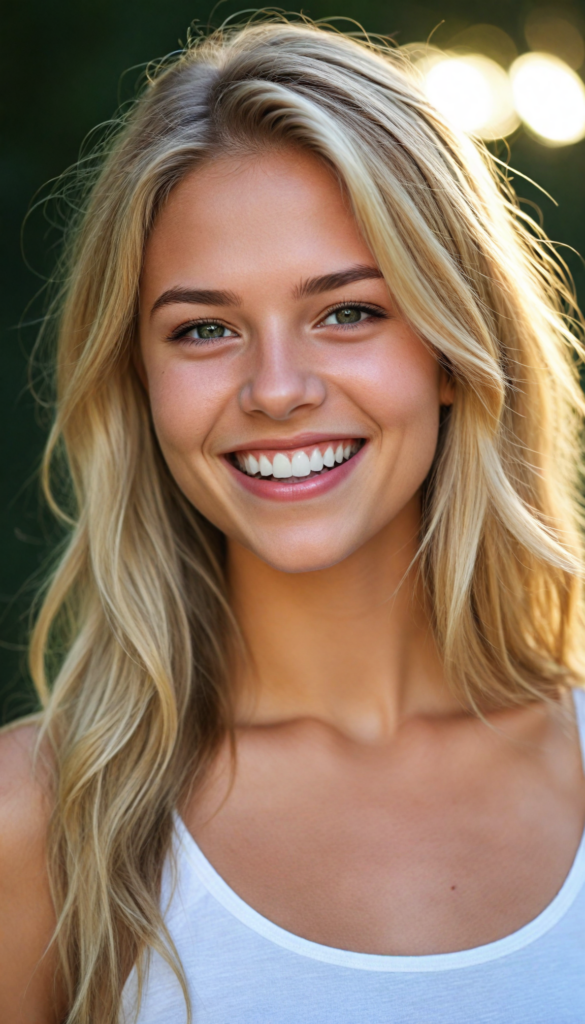 a beautifully detailed portrait, highlighting the upper body of a youthful girl with a flawless figure, dressed in a (low-cut crop top), smile very happy, white teeth, detailed round face, long straight summer blond hair