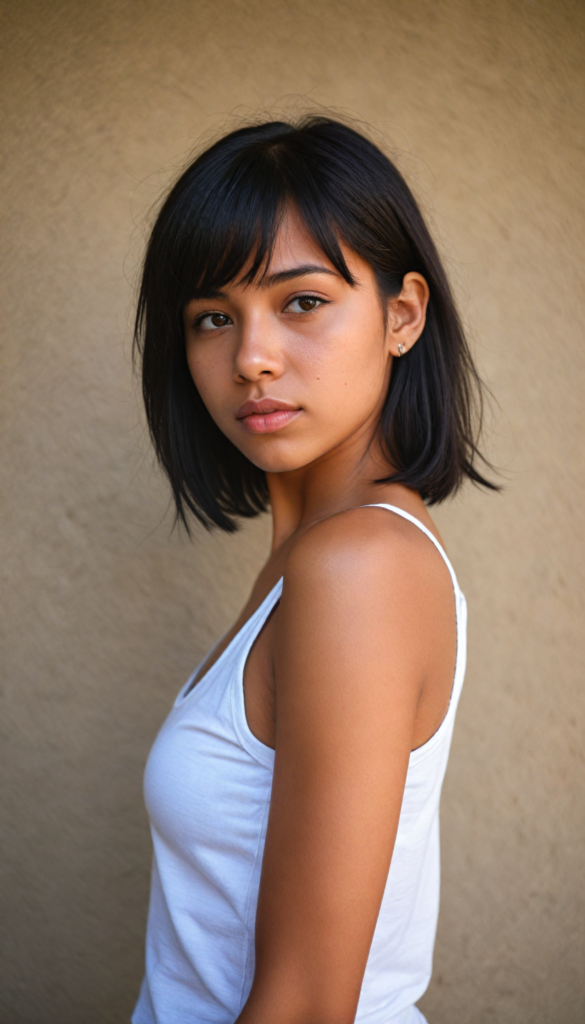 a beautifully upper-body portrait (brown-skinned young well busty teen girl) with softly (straight black hair) framing her face in side bangs, full lips, she wears a white tank top, perfect curved body, in a dessert