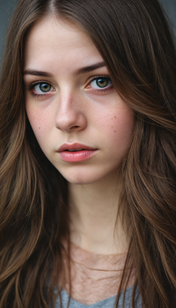 an upper body portrait from a beautiful teen emo girl with long, soft brown straight hair framing her face in gentle waves and amber eyes, tears silently flowing down her pale skin, expression conveying a profound sense of sadness and loneliness against a gray backdrop