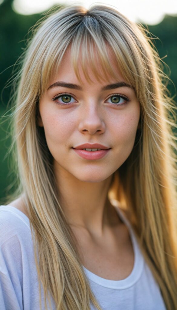 a detailed and realistic photo from a (cute) Europe teen girl (long, straight light blond hair, bangs), (stunning), (gorgeous), beautifully realistic, cinematic lights, realistic detailed angelic round face, (realistic detailed amber eye) looks happy at the camera, perfect curved body, (wears a super short tight (white t-shirt)), perfect anatomy, side perspective, against a sunny green backdrop