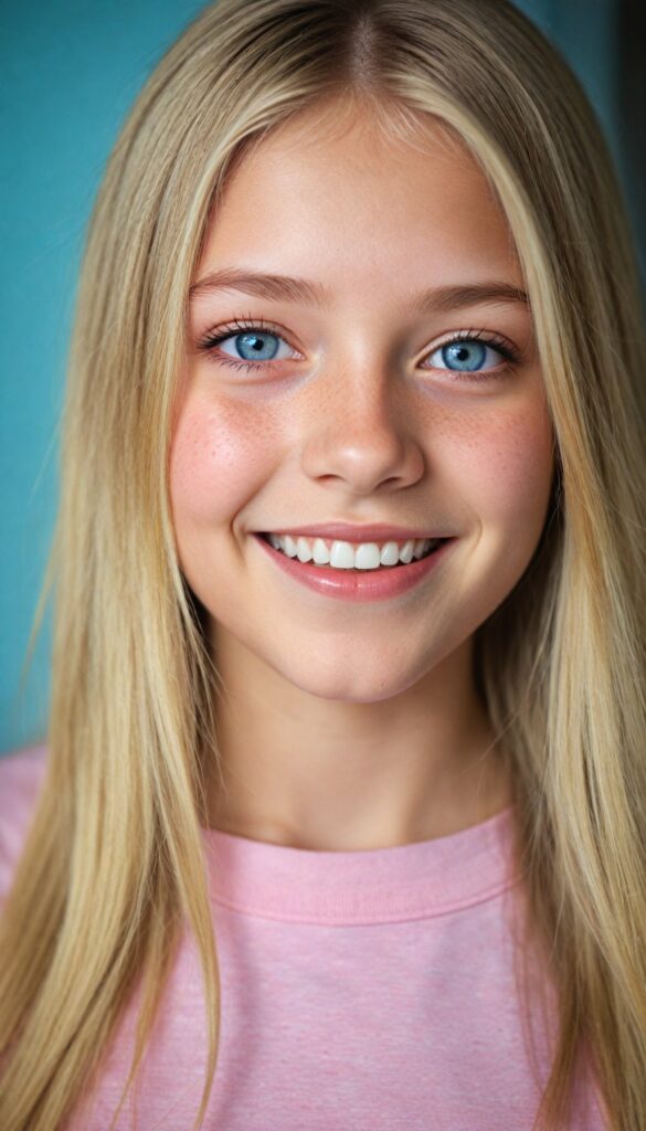 a portrait of a young girl with silky smooth, straight long blonde hair. Her hair falls over her shoulders and covers her upper body. She has sparkling, light blue eyes and a charming smile, (she wears a tight, form-fitting short pink empty T-shirt)