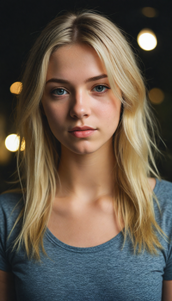 a beautiful (teen girl) with blonde hair, styled in a sleek, short-cropped top, (vividly realistic photo), set against a dimly lit environment that softly highlights her features