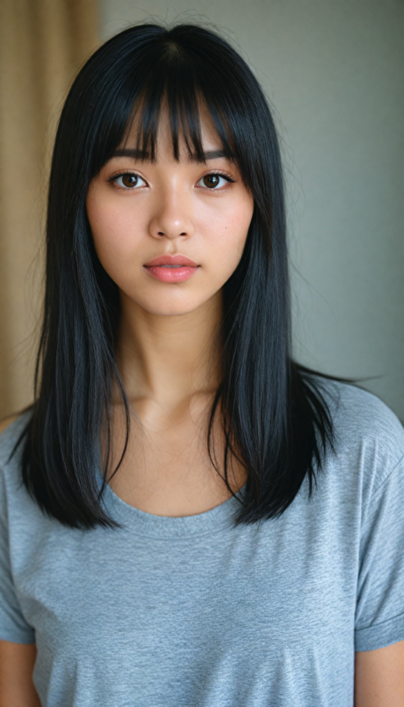 a stunningly detailed (photograph) representing a (Asian girl) with intricate, realistically drawn features like dynamically detailed straight long flowing black hair with bangs framing her face, full lips, eyes looking seductively with mouth slightly open, striking realistic and detailed eyes all against a sophisticated, softly lit (background) where she wears a modern minimalist grey t-shirt