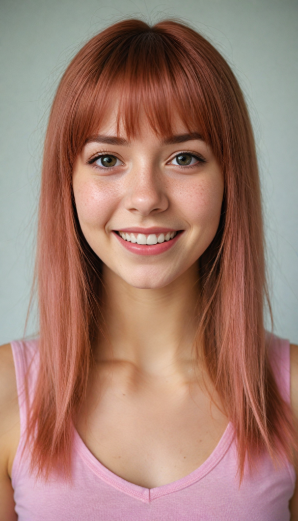 super realistic, 4k, detailed face, cute petite teen girl, long ligh red super soft straight hair, bangs cut, wear a (pink short tight cropped tank top with deep v-neck), looks at the camera, smile, portrait shot