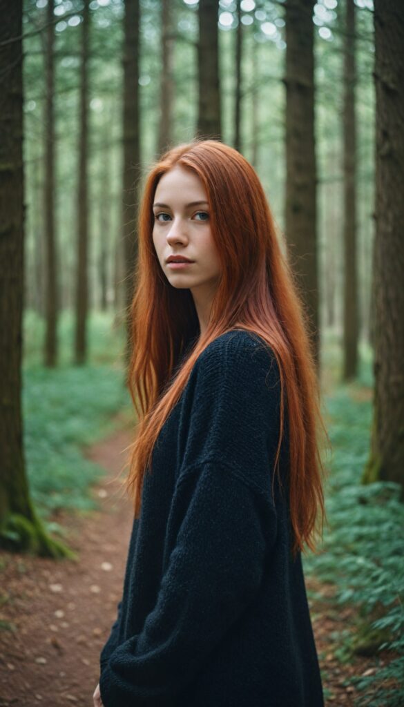 a beautiful, pretty girl with red soft long hair, black dressed in a thin sweater, in a forest