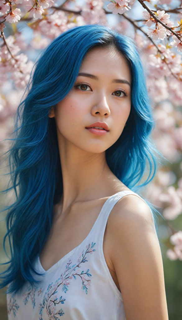 a hyper-realistic, intricately detailed portrait of a stunning young Asian girl with flowing, sapphire-blue hair that cascades like silk. Her gentle gaze is both playful and introspective, inviting the viewer into her world. She wears a delicate white tank top adorned with subtle floral embroidery, which softly contrasts with the vibrant hues of her hair. The background is a dreamy blend of soft pastel colors, evoking a serene atmosphere, with hints of sunlight filtering through a cherry blossom tree, adding a touch of ethereal beauty to the scene.