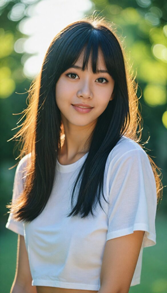 a detailed and realistic photo from a (cute) Oriental teen girl (long, straight jet hair, bangs), (stunning), (gorgeous), beautifully realistic, cinematic lights, realistic detailed angelic round face, (realistic detailed amber eye) looks happy at the camera, perfect curved body, (wears a super short tight (white t-shirt)), perfect anatomy, side perspective, against a sunny green backdrop