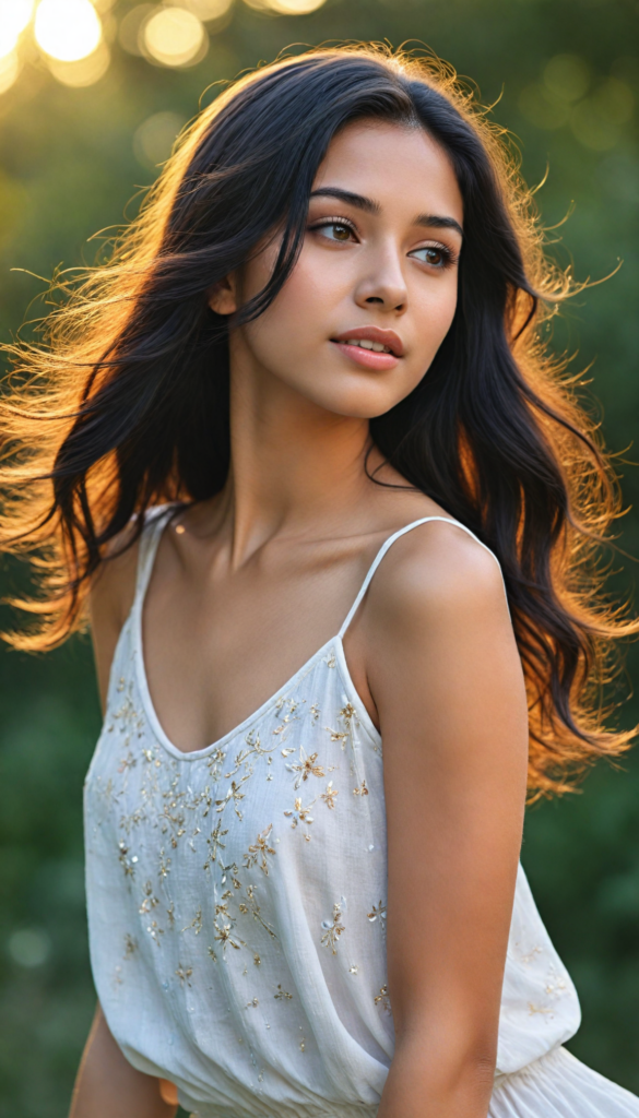 a captivating and beautifully intricate portrait of a charming Arab teenage girl, adorned in a flowing, ethereal white short cropped tank top that dances softly with the breeze. Her long, glossy obsidian black hair cascades like a waterfall, framing her delicate features. She possesses a graceful, perfectly curved silhouette, exuding an aura of confidence and youth. The background is painted with soft pastel colors, blending dreamily into a warm sunset, enhanced with delicate floral elements and hints of sparkle, reminiscent of impressionist art styles. The lighting is golden and warm, casting a natural glow on her radiant skin, creating an enchanting, almost magical atmosphere.