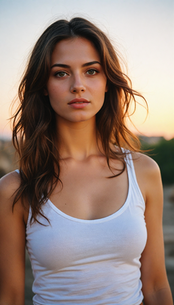 a detailed and realistic portrait from a young well busty teen girl with soft long brown hair, detailed amber eyes, (wears a white super fine light pink cropped tank top with deep v-neck) that support her body, she has a perfect curved body, (against a backdrop with sandy desert and sunset)