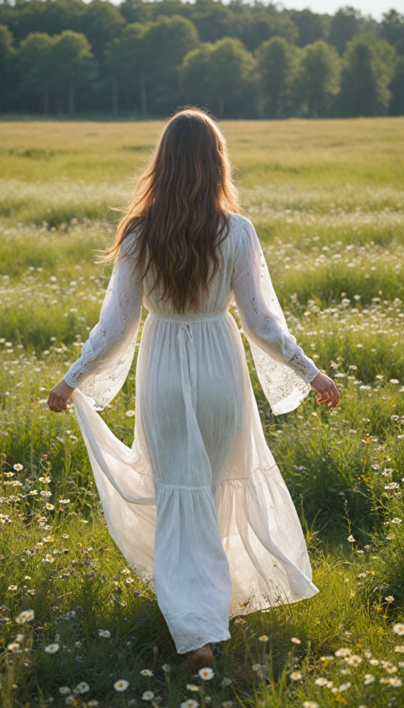 a young girl with soft long straight hair cascading down her back, stands in front of viewer in a sun-drenched meadow filled with wildflowers. The scene is infused with an ethereal glow, reminiscent of a dreamy impressionist painting. The girl wears a flowing white dress.