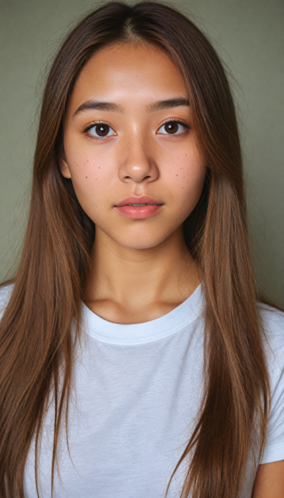 a stunningly elegant and cute Asian teenage girl with long, straight hazelnut hair, with a (realistically detailed angelic round face) and (realistically detailed hazelnut eyes) looking pensively at the camera, wearing a (super short, tight white t-shirt)