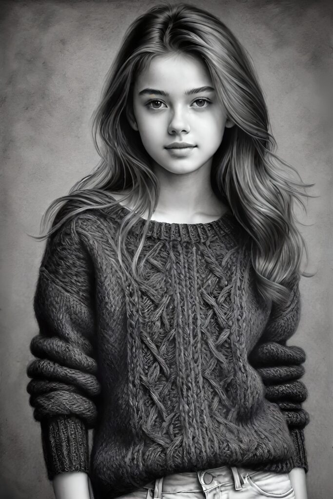 super realistic, detailed, ((gorgeous)) ((stunning)) cute young breasted girl, full portrait, 18 years old, charcoal drawing, thin wool sweater